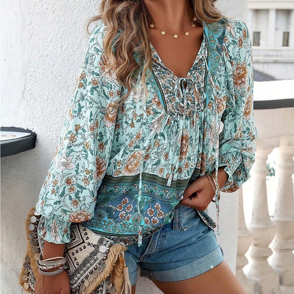 Boho Floral Print Tie Neck Lantern Sleeve Blouse
